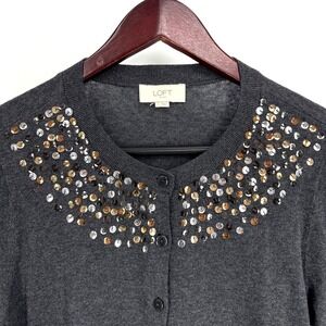 LOFT Gray Cardigan Sweater Sequin Embellished Long Sleeve Womens Large Old Money